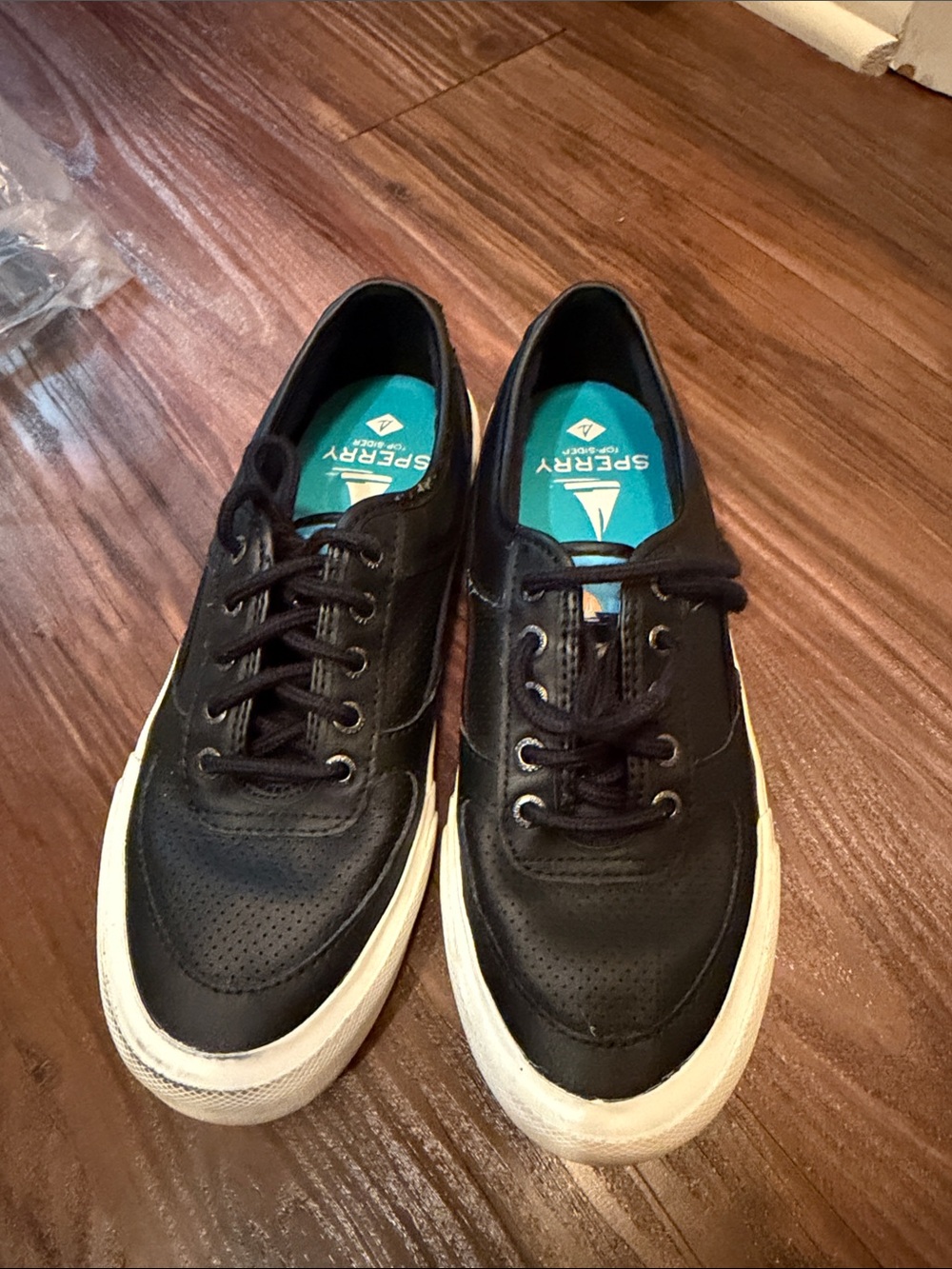 Sperry Black Leather Boat Shoes with White Sole